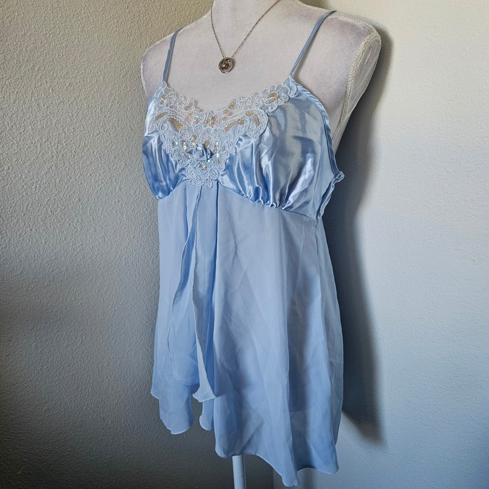 Cinema Etoile Blue Lace Sequin Flyaway Baby Doll Chemise Lingerie